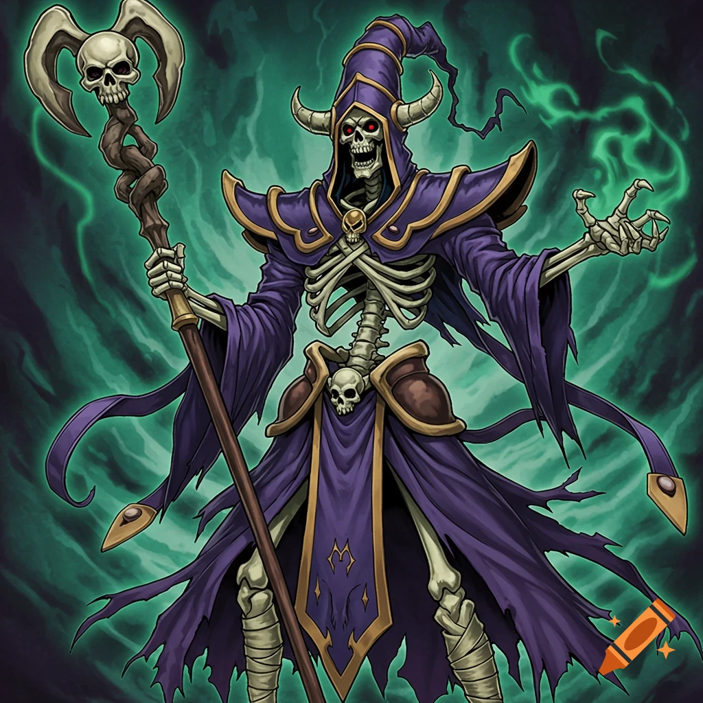 A skeleton necromancer in purple robes holds a staff with a skull on top, in a fantasy illustration style.