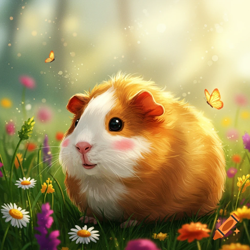 A guinea pig sits in a field of flowers with butterflies flitting around it.