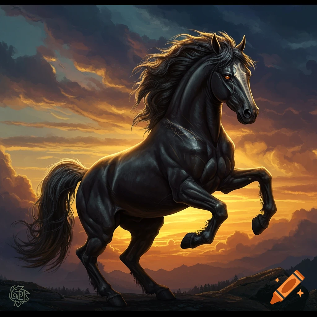 Black horse rearing against a dramatic sunset sky.