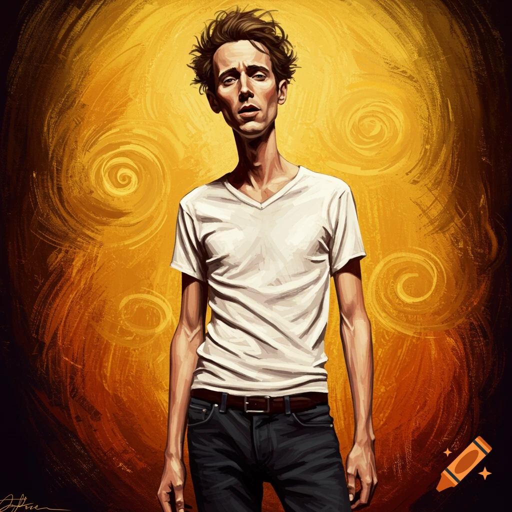 A skinny man with messy hair is depicted against a swirling yellow and orange background.