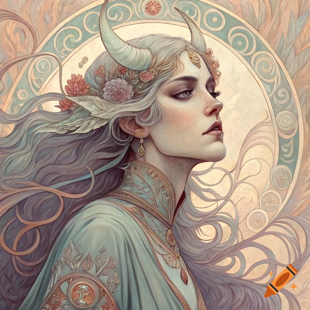 Art Nouveau portrait of a woman with horns, flowing hair, and decorative patterns.