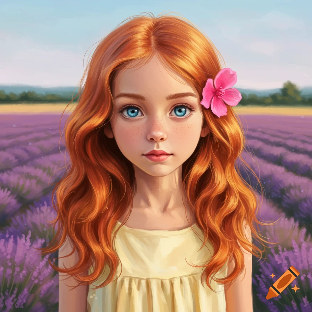 A young girl with red hair and blue eyes in a lavender field.