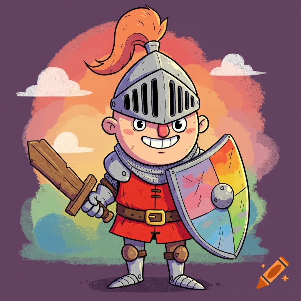 A cartoon knight holds a sword and a colorful shield against a bright sky.