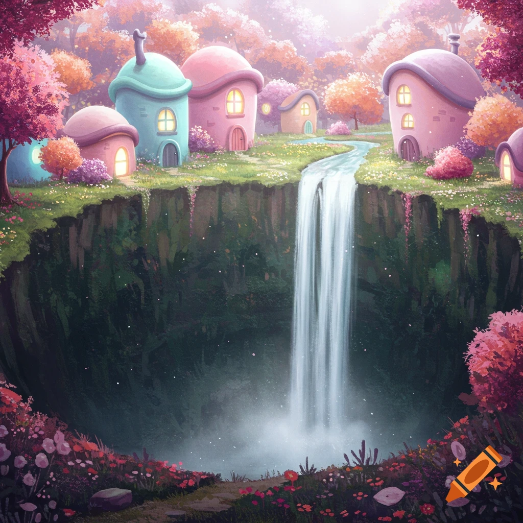 Fantasy landscape with colorful houses on a cliff above a waterfall