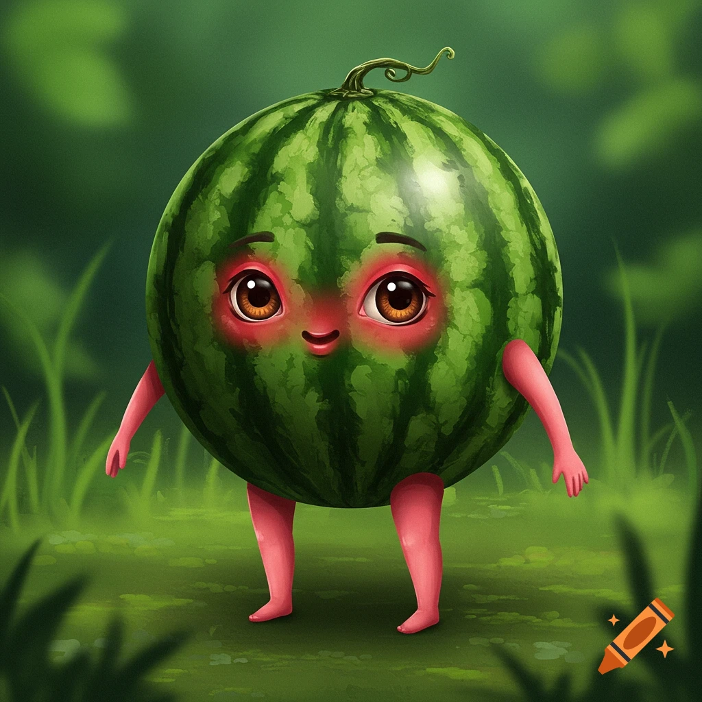 A cartoon watermelon character with arms, legs, and eyes stands in the grass.