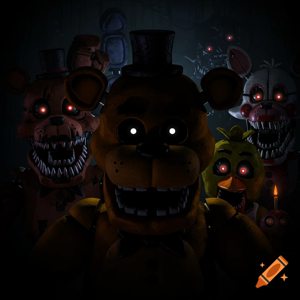 Nightmare Freddy, Foxy, Chica, and Mangle from FNAF 4 stare in a dark room