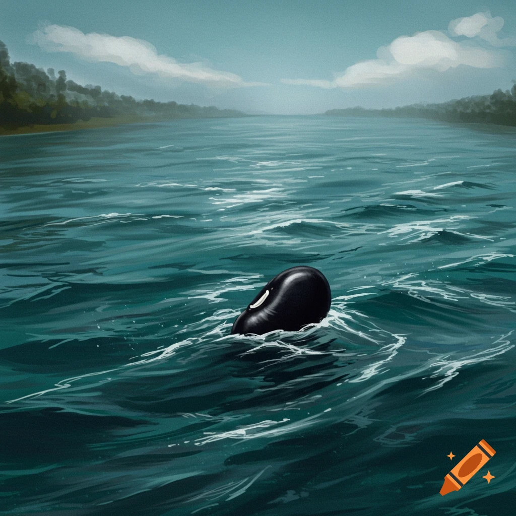 A single black bean floats in a dark river.