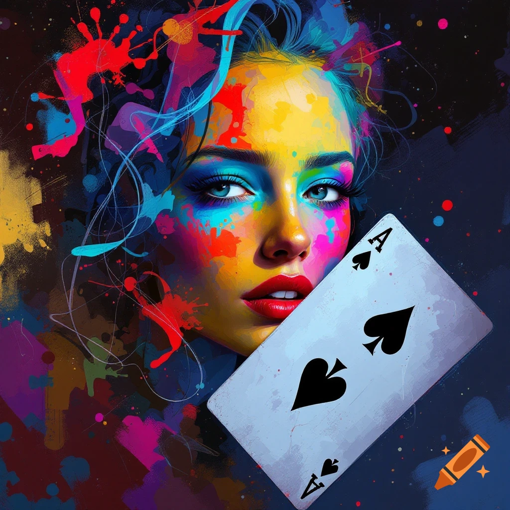 Close-up of a woman's face covered in colorful abstract paint splatters, holding an Ace of Spades playing card.