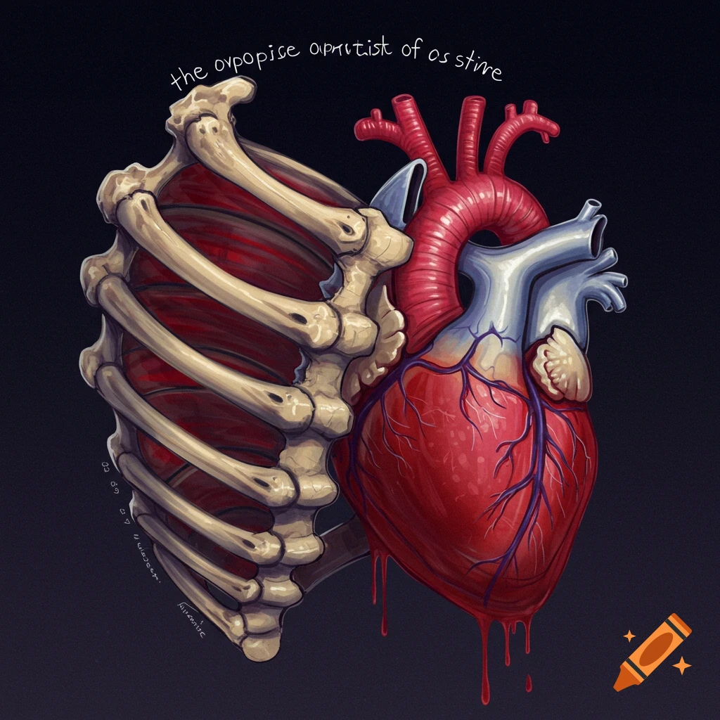 A stylized rib cage and heart dripping blood