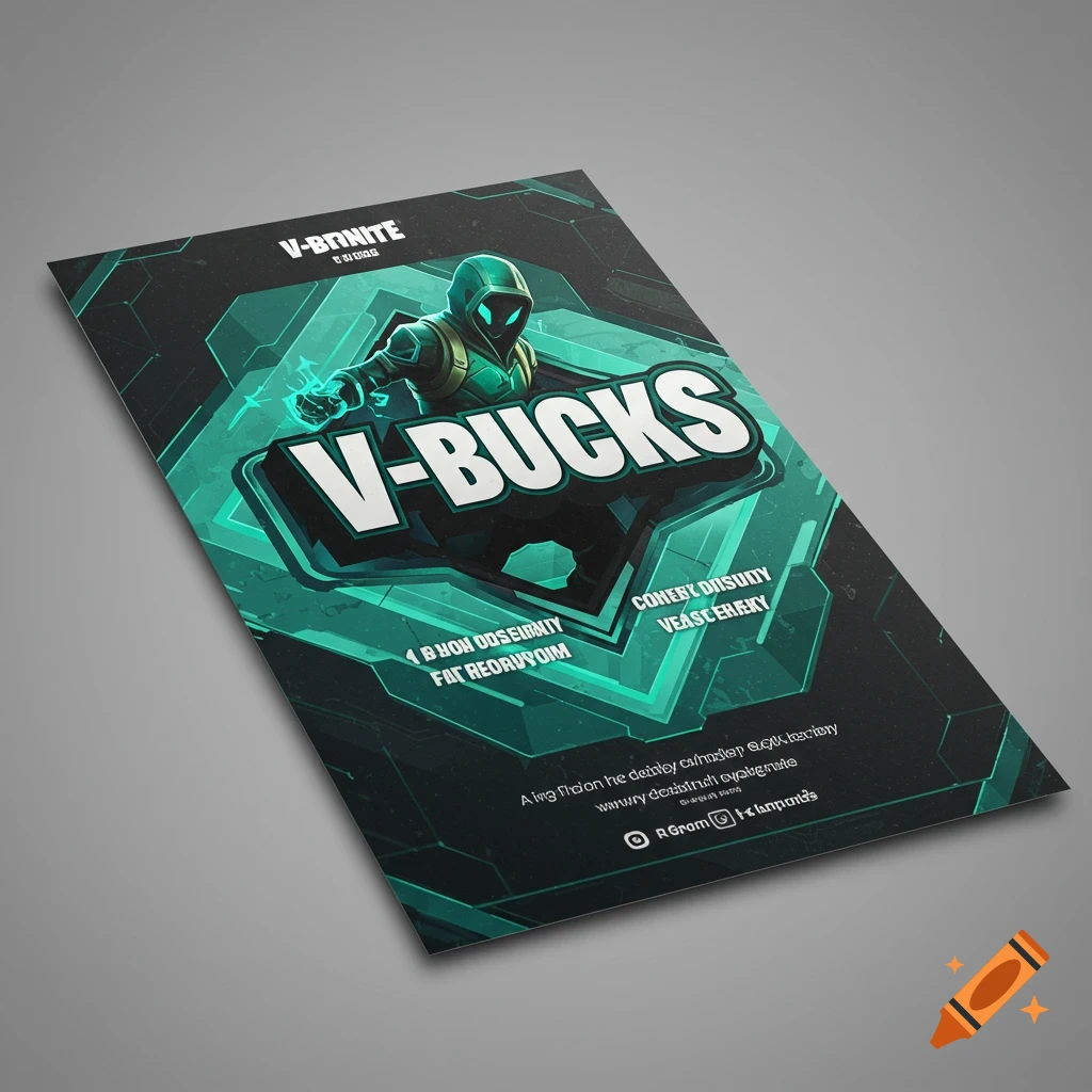 A sponsorship paper for V-Bucks featuring a hooded figure and glowing elements.