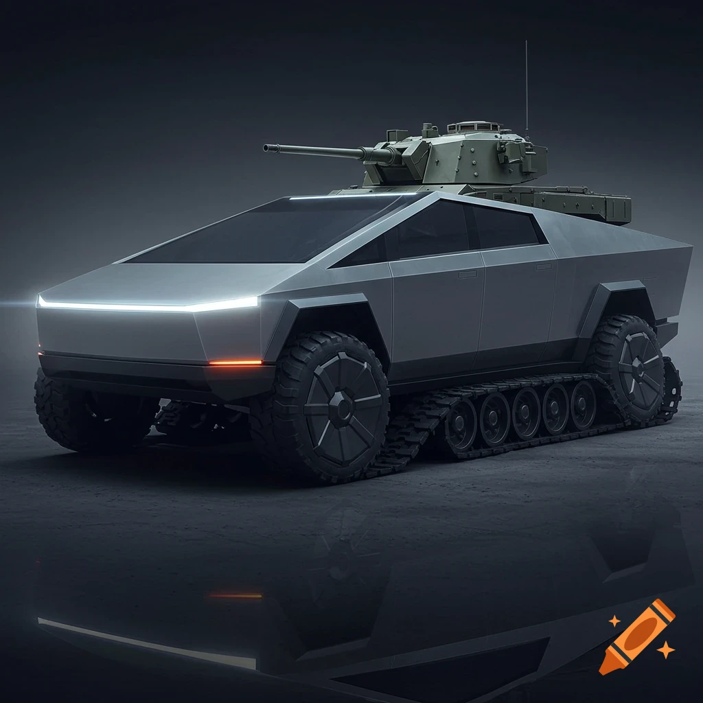A futuristic gray tank hybrid, blending the design of a Tesla Cybertruck with tank treads and a turret, against a dark background.