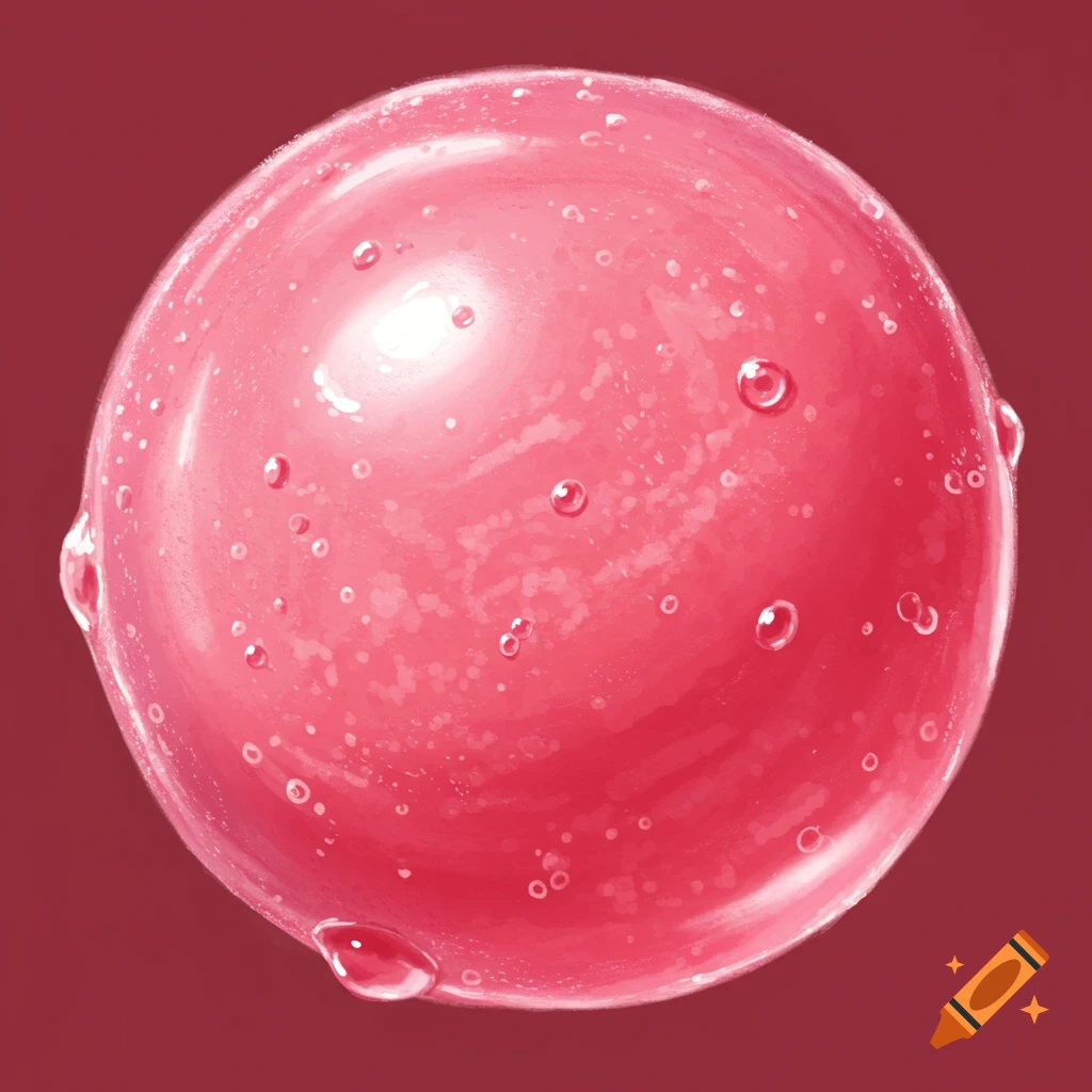 A pink bubblegum covered in water droplets.