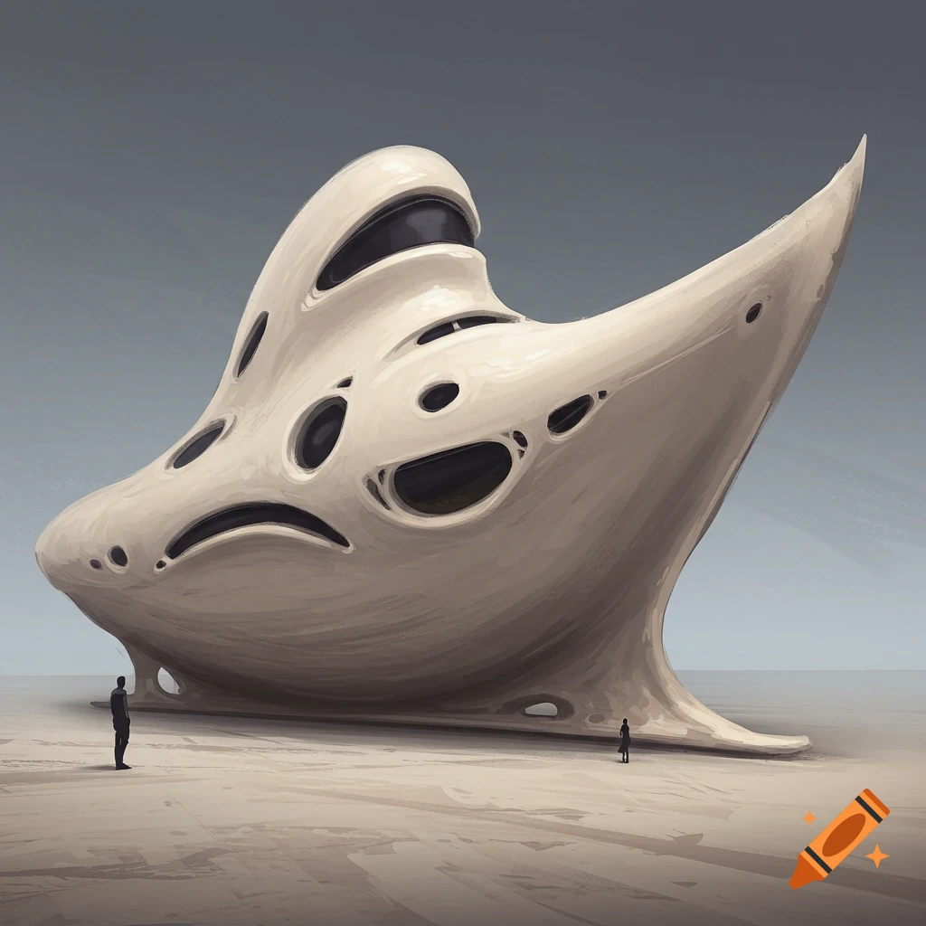 Organic white structure in a desert landscape with two small figures.