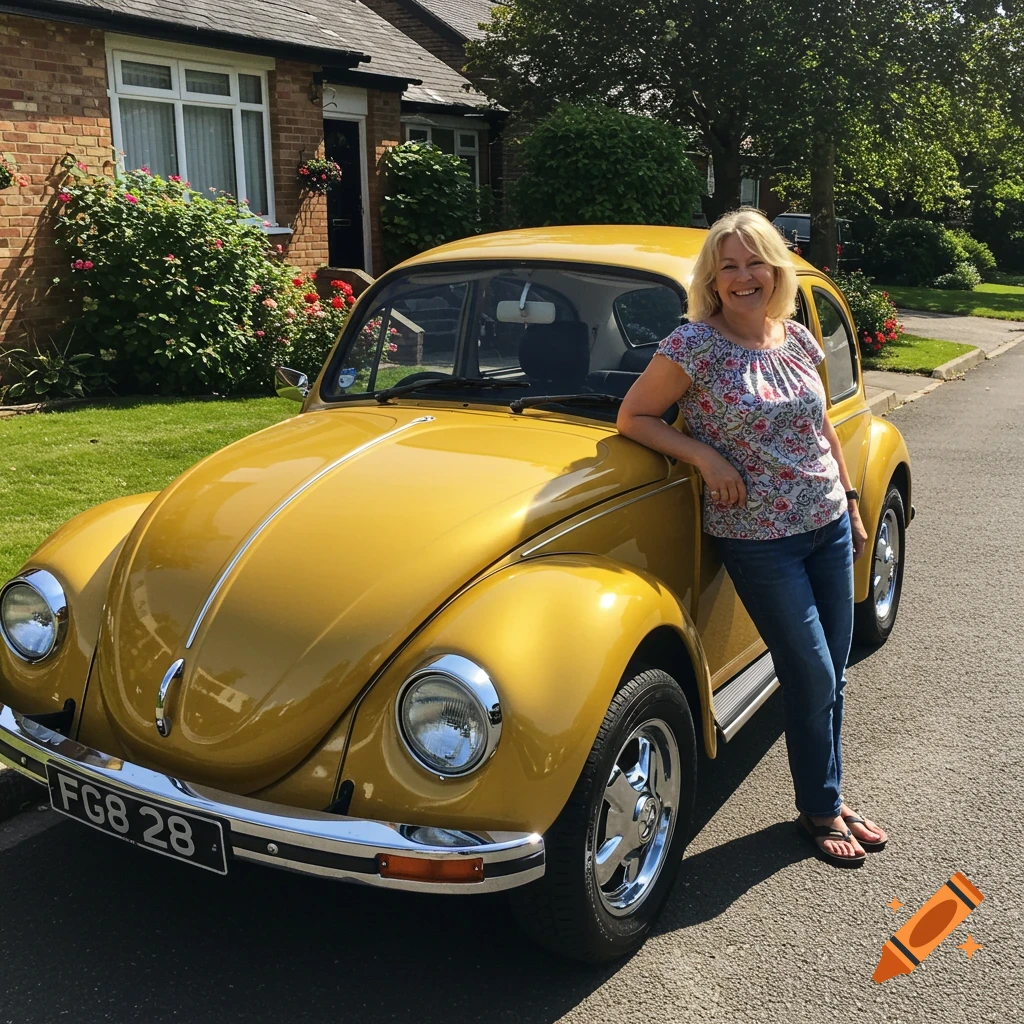 A woman smiles leaning on a gold Volkswagen Beetle car.
