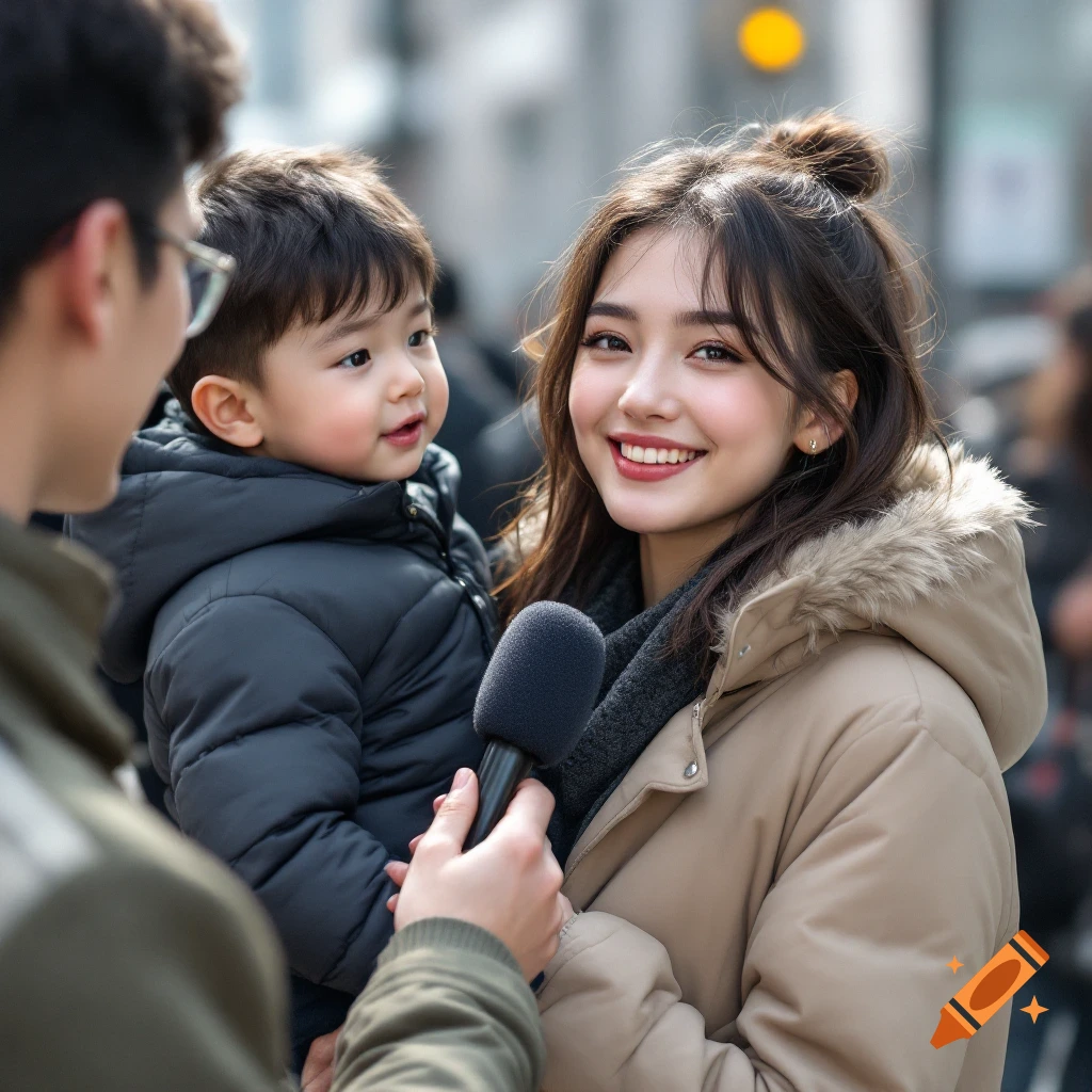 Woman holding a young child smiles while being interviewed by a person holding a microphone on a street.