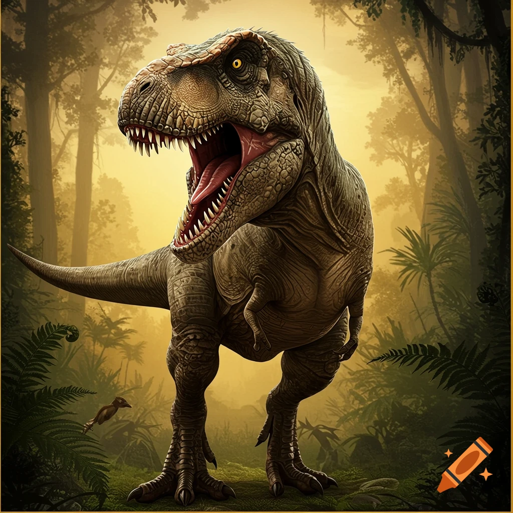 A Tyrannosaurus Rex roaring in a dense jungle.