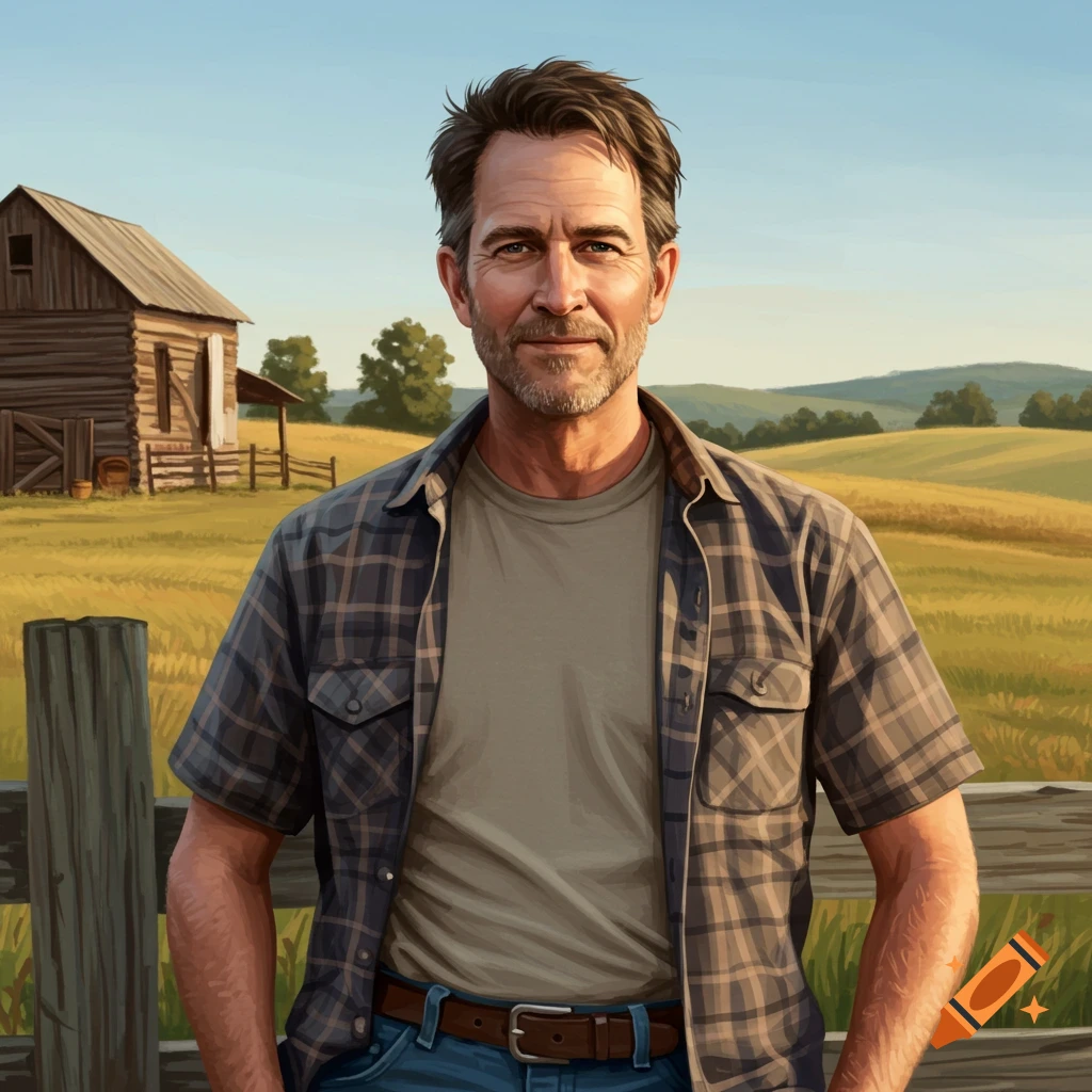 A man in a plaid shirt standing in front of a barn and field.