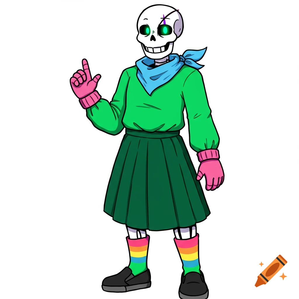 A cartoon skeleton character wearing a green sweater and skirt, blue bandana, pink gloves, and rainbow socks.