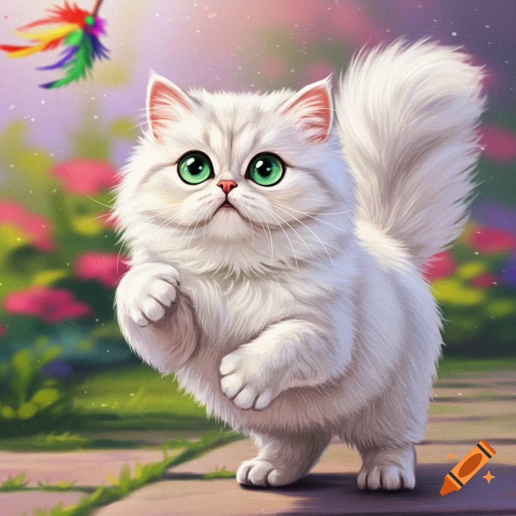 A cute white fluffy kitten with big green eyes plays with a toy in a garden setting.