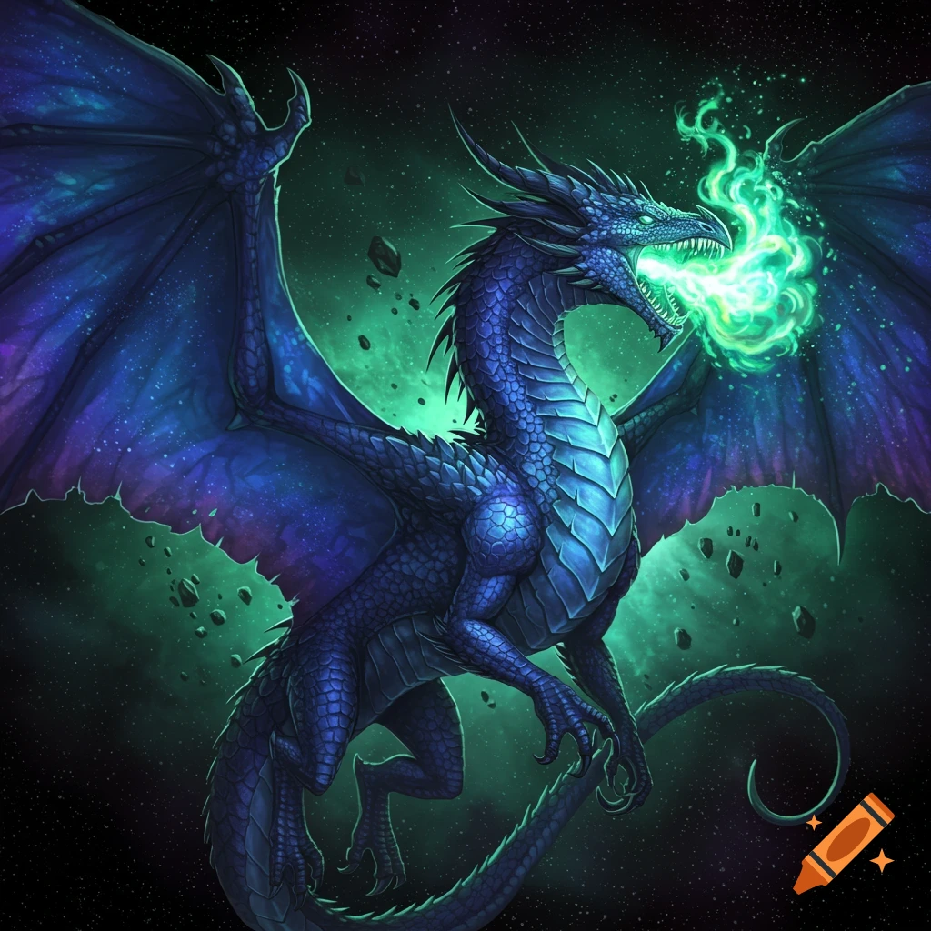 A blue and purple dragon breathing green fire in space