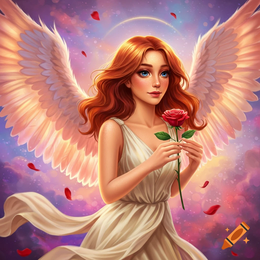 An angelic woman with red hair holding a red rose.
