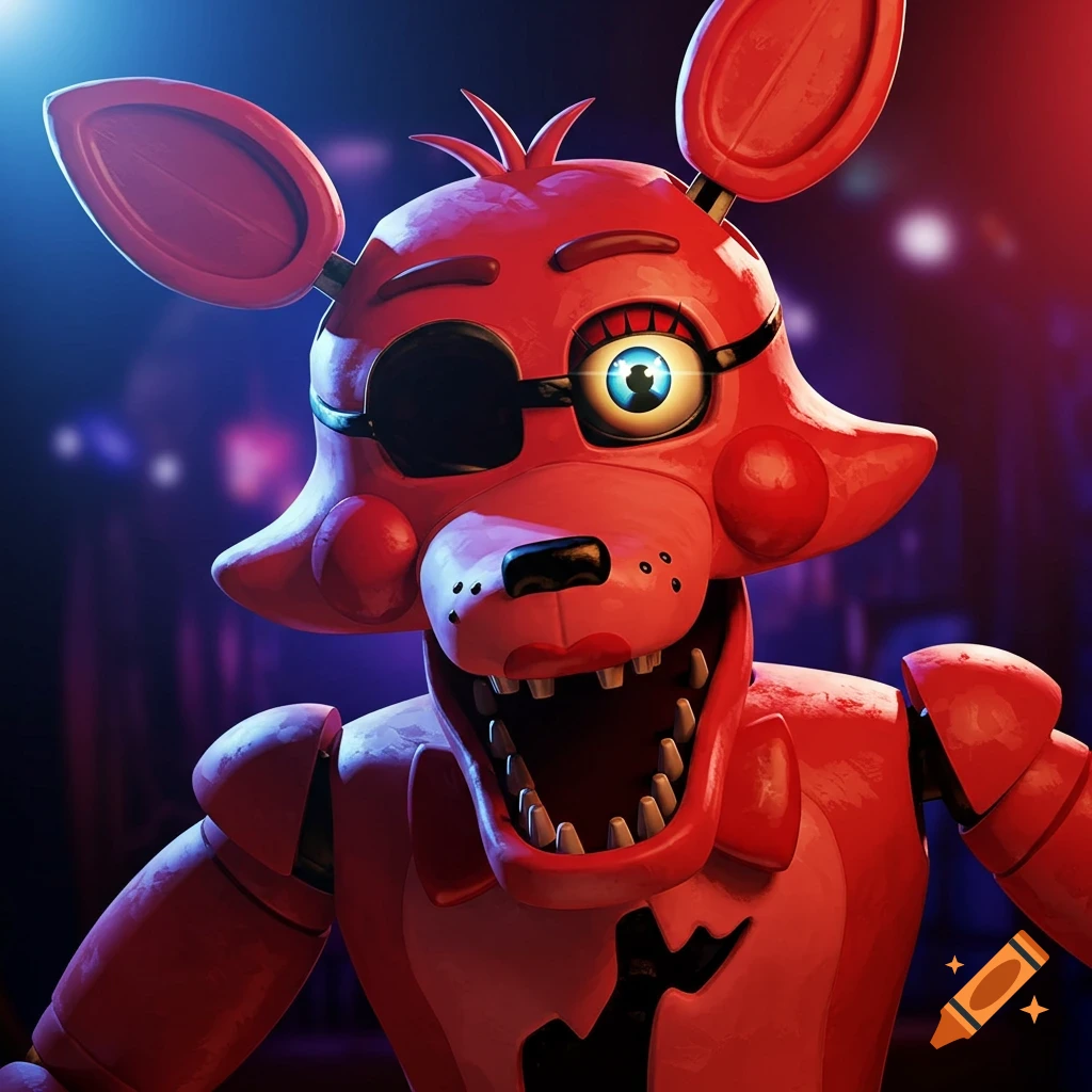 A close-up of Foxy, the red fox animatronic from Five Nights at Freddy's, with an eyepatch and open mouth.