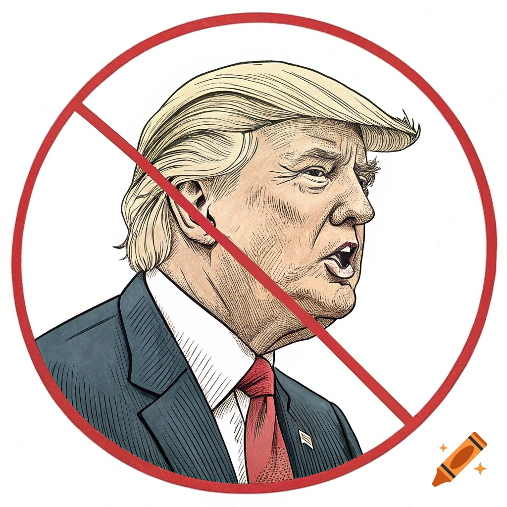 Cartoon illustration of Donald Trump in a red prohibition symbol circle.