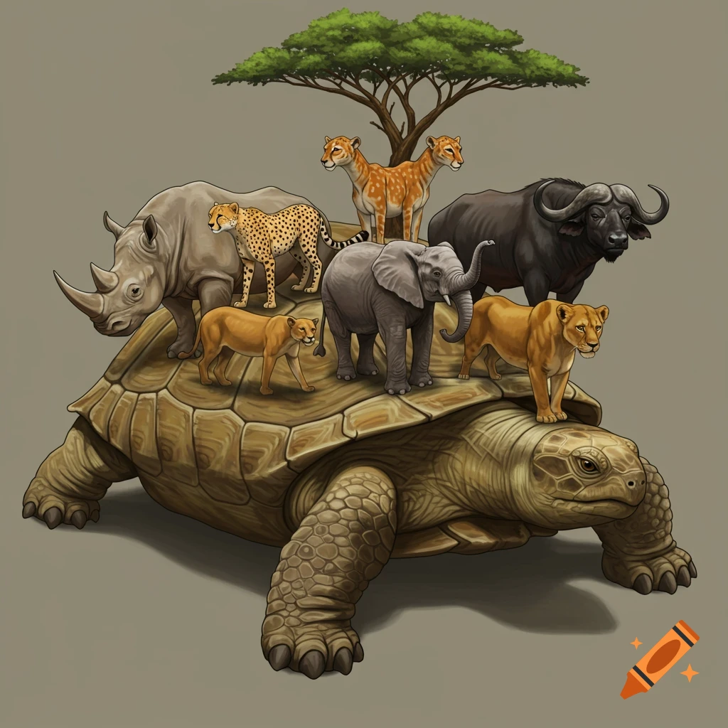 A giant tortoise carries a rhino, cheetah, elephant, lioness, and buffalo, with a tree on its shell.