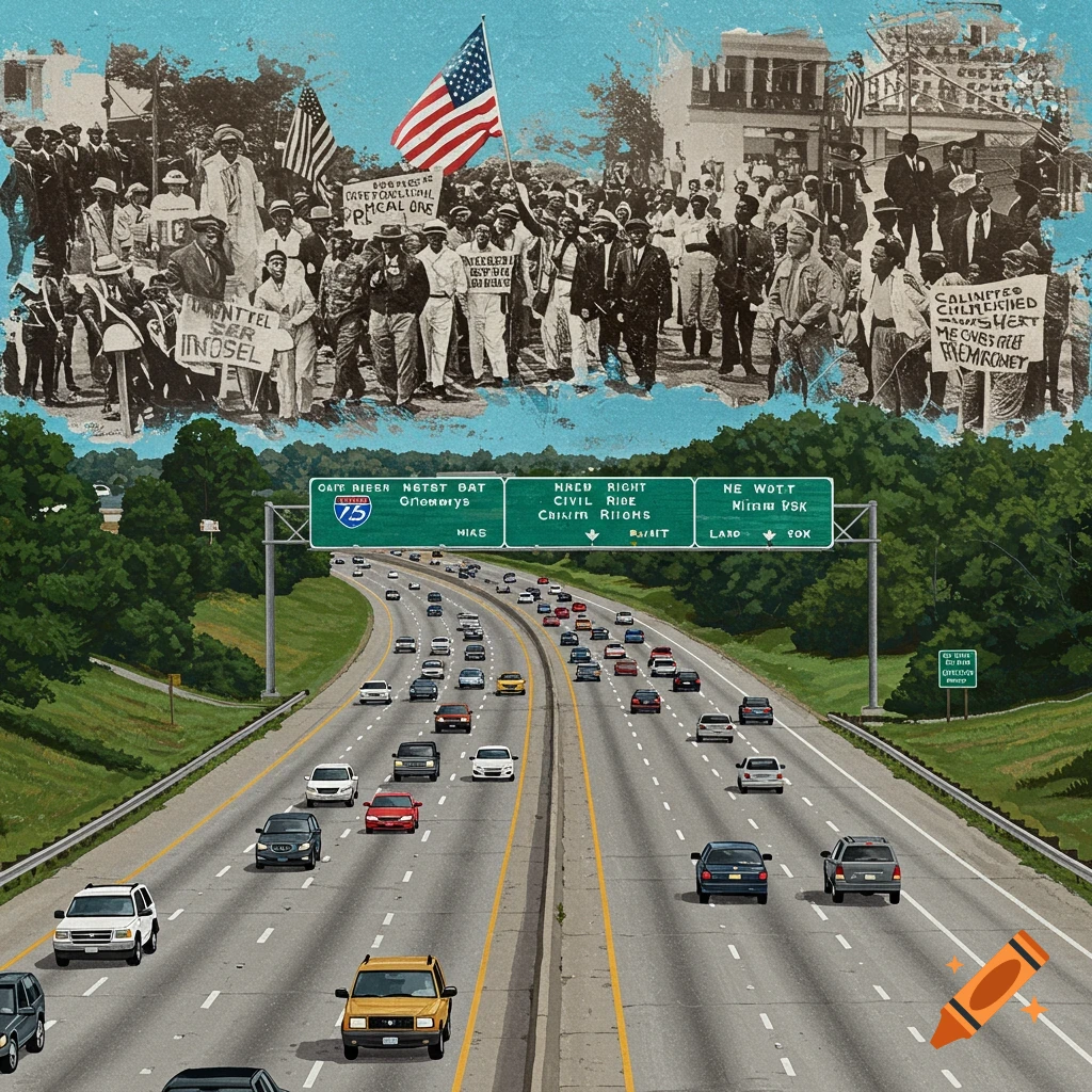A civil rights protest scene above a highway with cars.