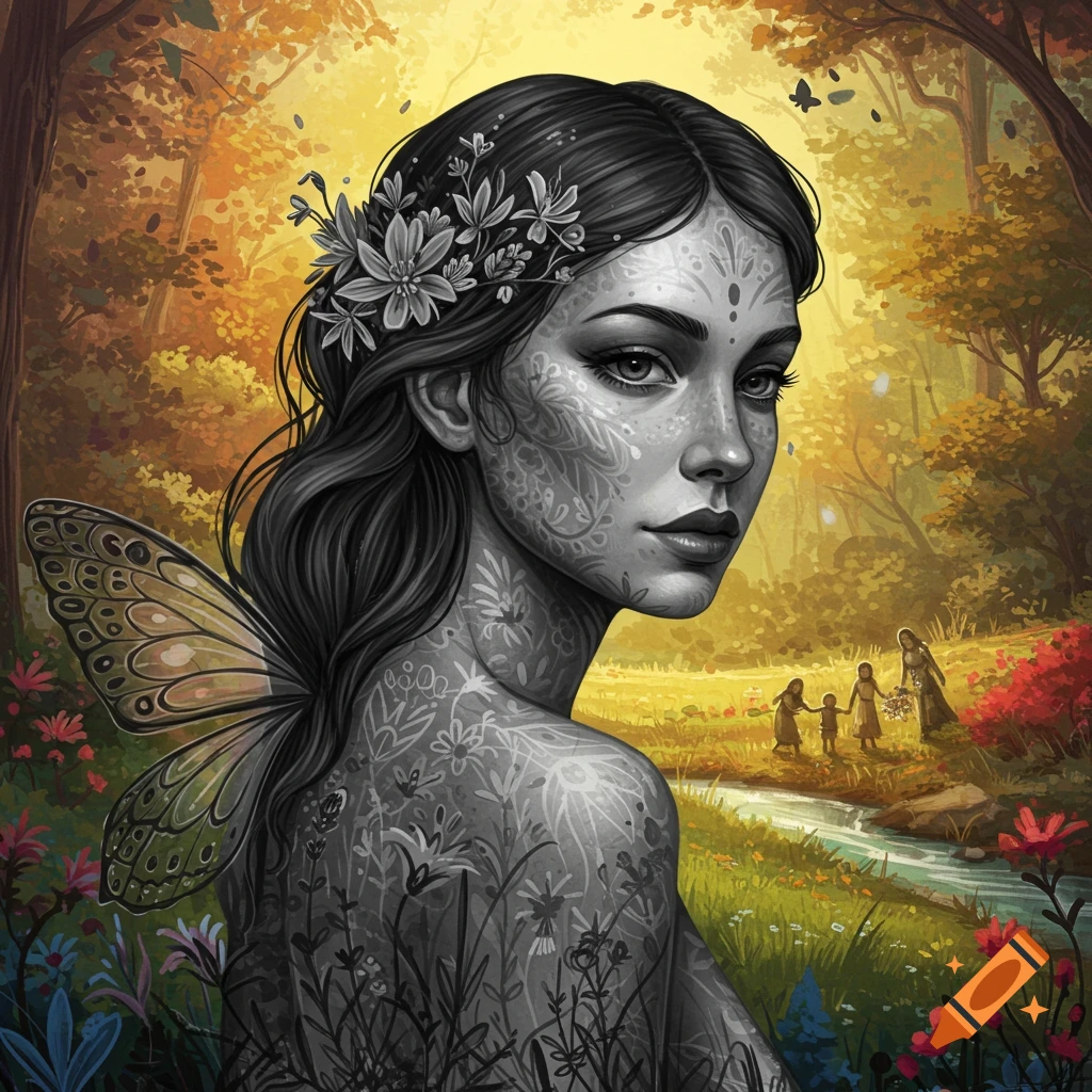 A woman with butterfly wings and body patterns is in a colorful forest with figures in the background.