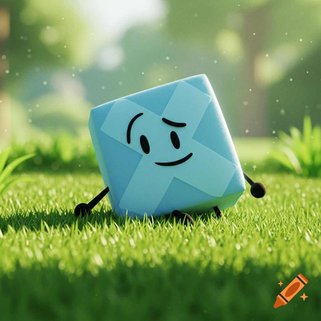 A blue diamond cartoon character with an X pattern and a sad face lies on bright green grass.