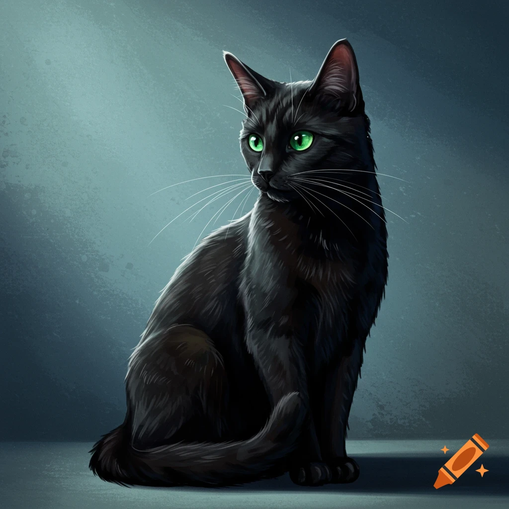 A black cat with green eyes, sitting.