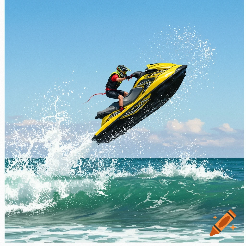 A person on a yellow jet ski is jumping over a wave in the ocean.