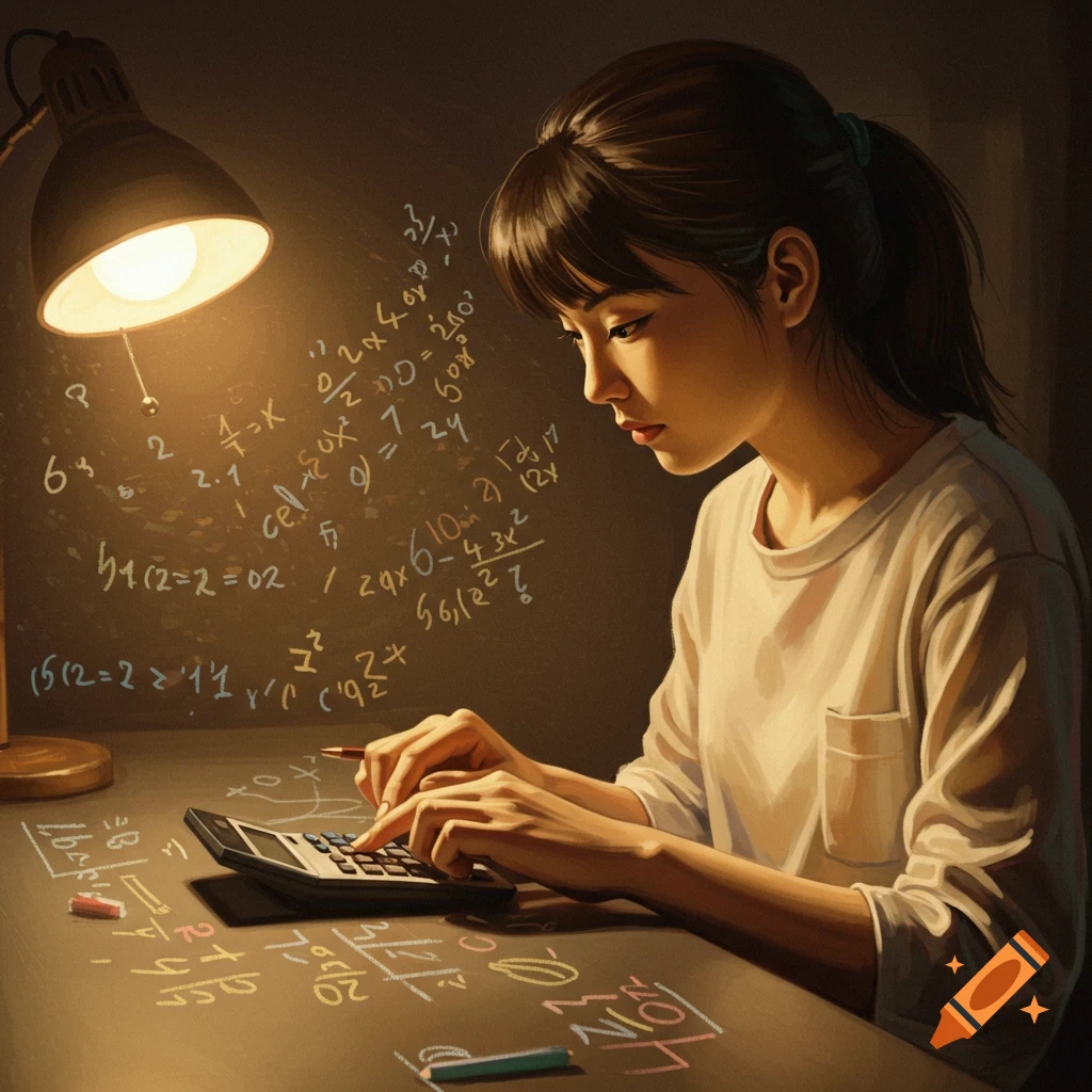 Painting of a woman calculating on a calculator surrounded by math formulas.