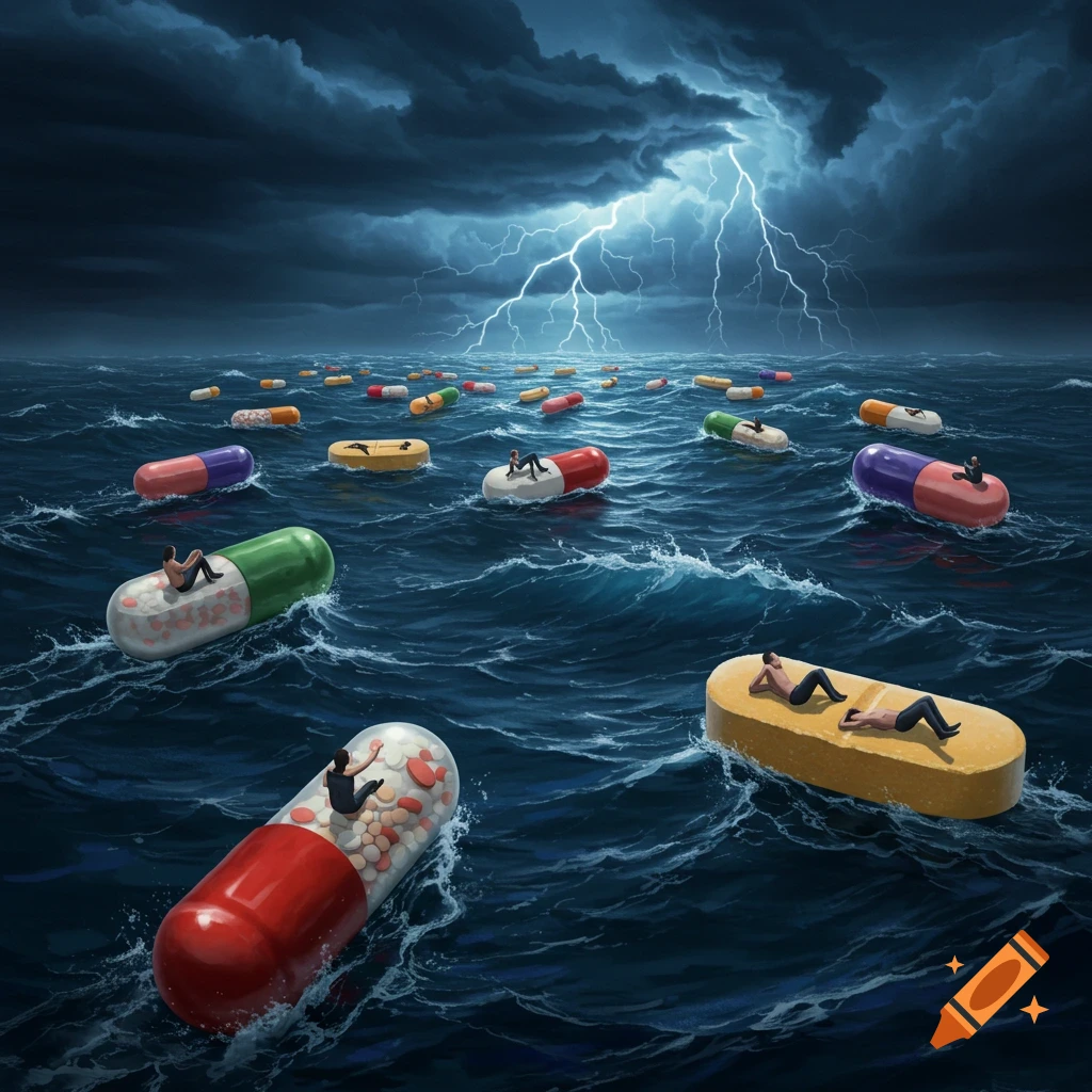 People on giant pills floating on a stormy sea under lightning.