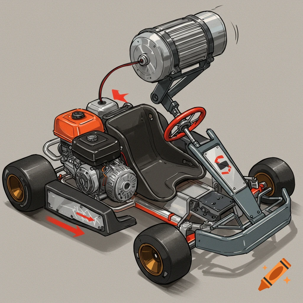 A go-kart is shown with a gas engine and a large electric motor mounted above it.