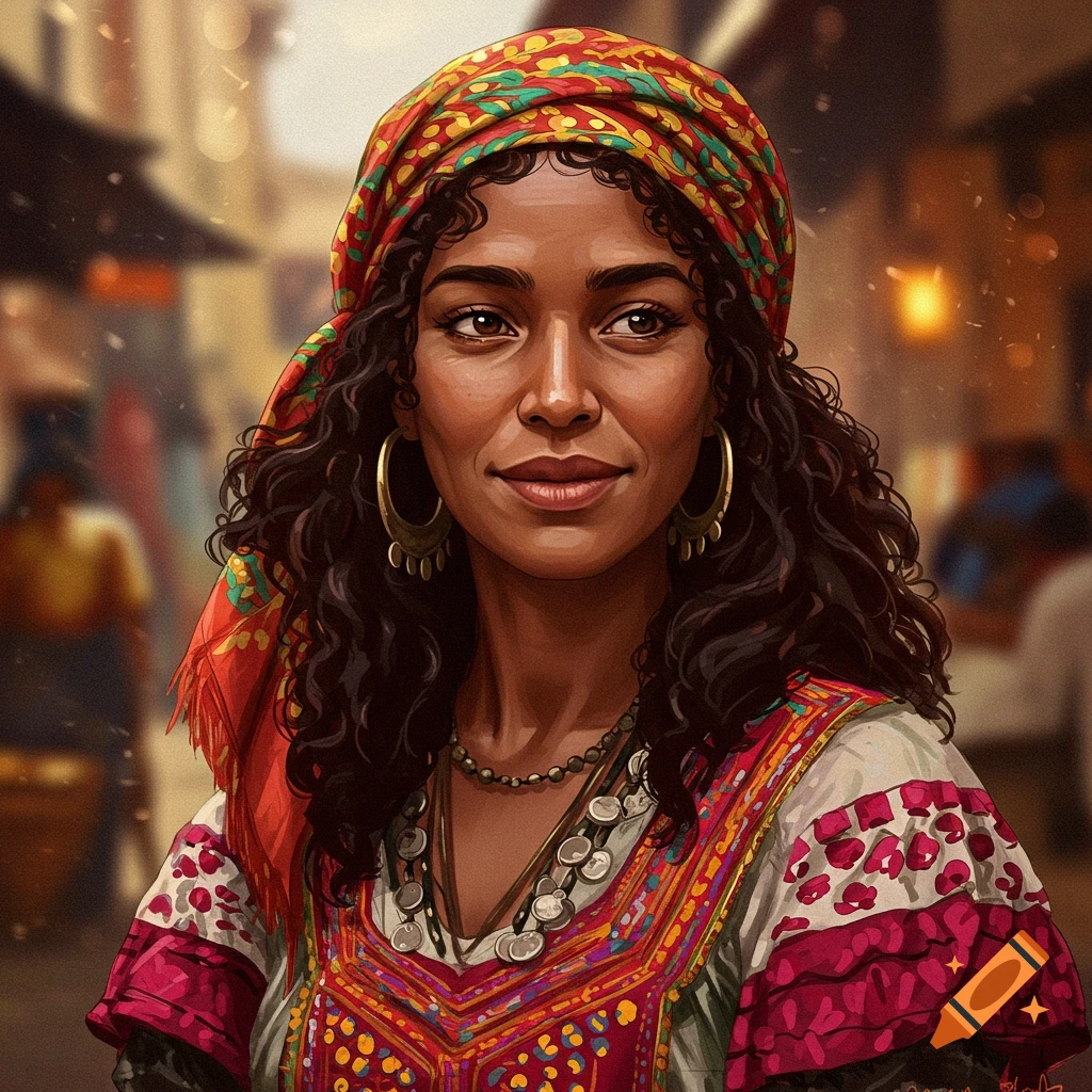 A woman in a headwrap and traditional clothing in a market.