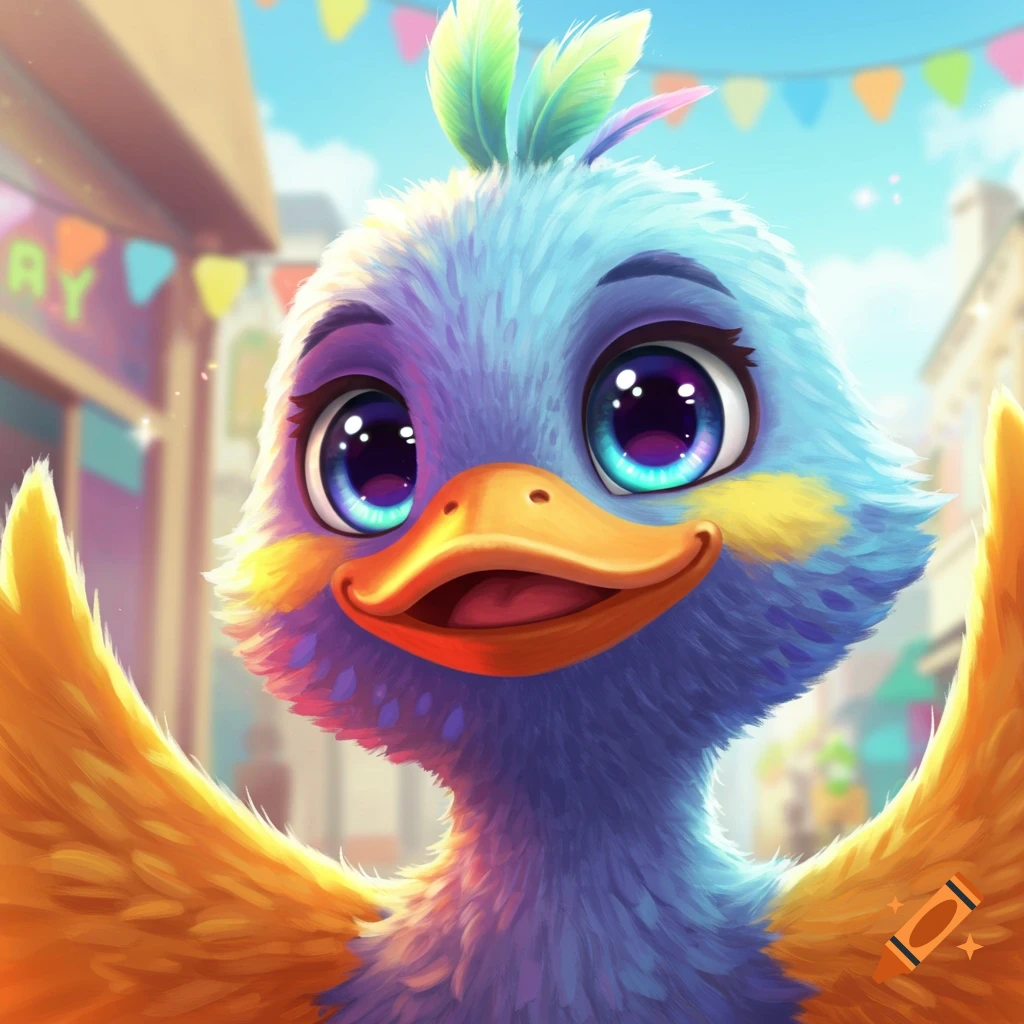 A blue and orange cartoon duck with large eyes smiles in a colorful street scene with banners.