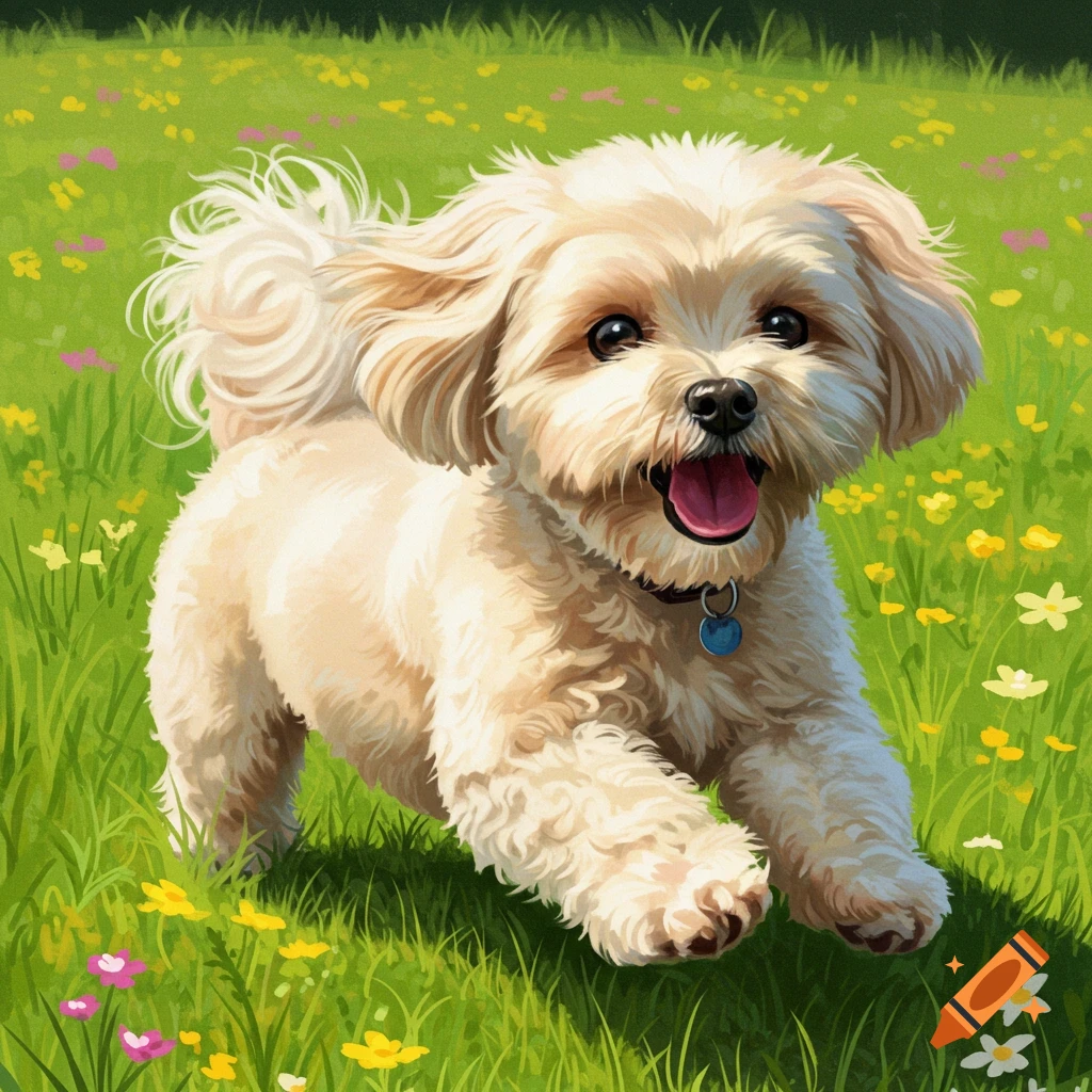 A cream Maltipoo dog runs happily through a grassy field with flowers.