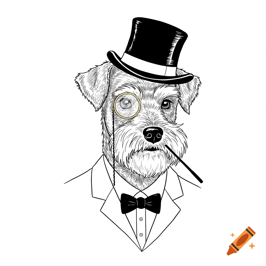 Outline illustration of a Schnauzer dog in a top hat, monocle, and suit.