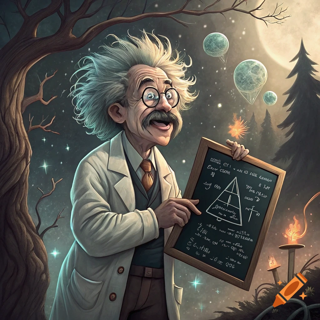 Cartoon portrait of Albert Einstein in a lab coat pointing at a chalkboard with gibberish text, standing outdoors at night.