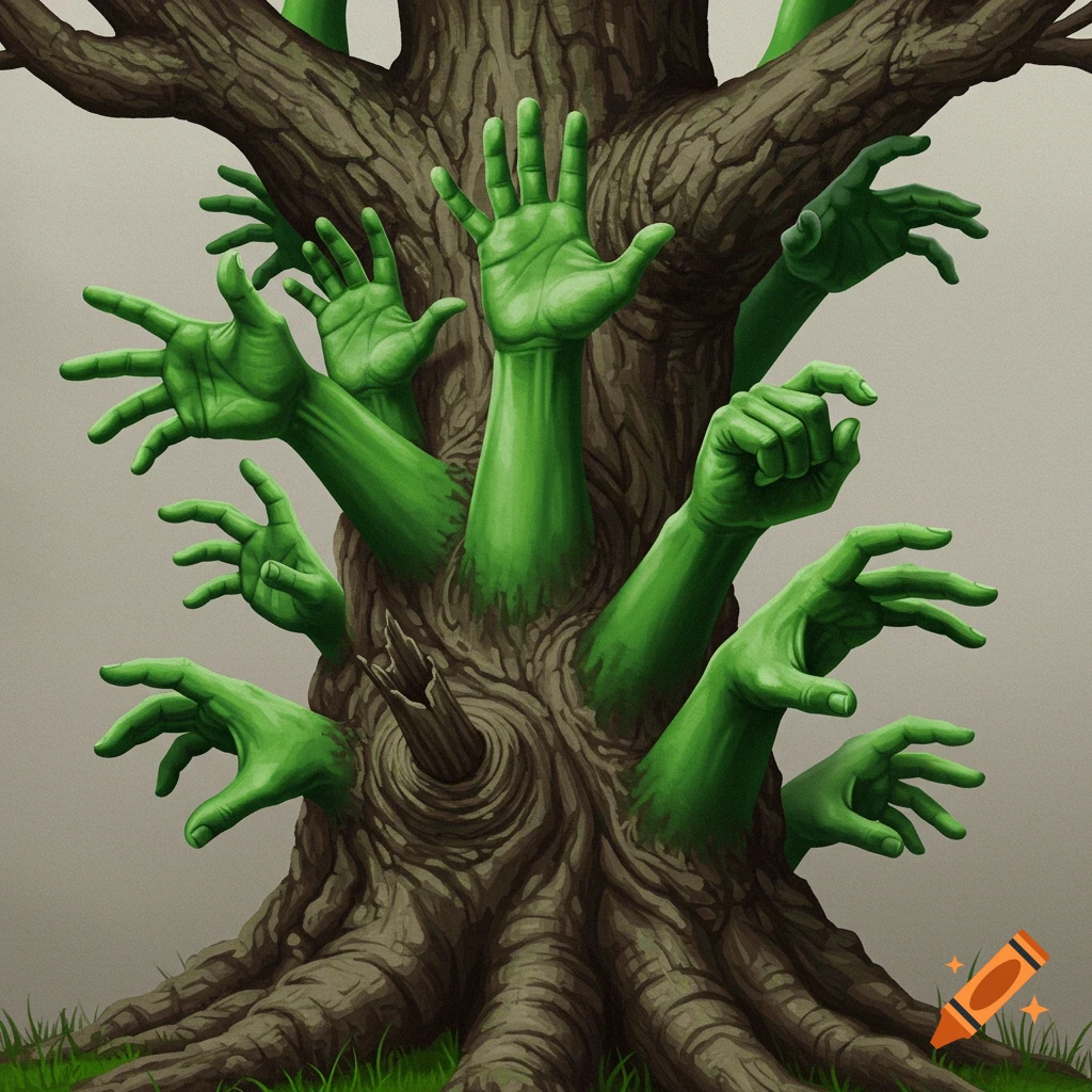 Tree trunk with many bright green hands growing out of it like branches.