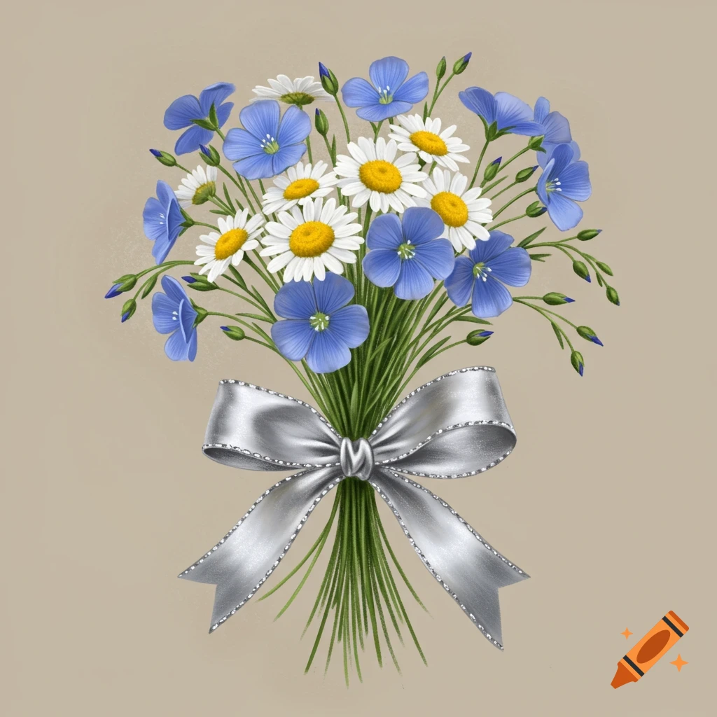 A bouquet of blue flax and white chamomile flowers is tied with a silver bow.