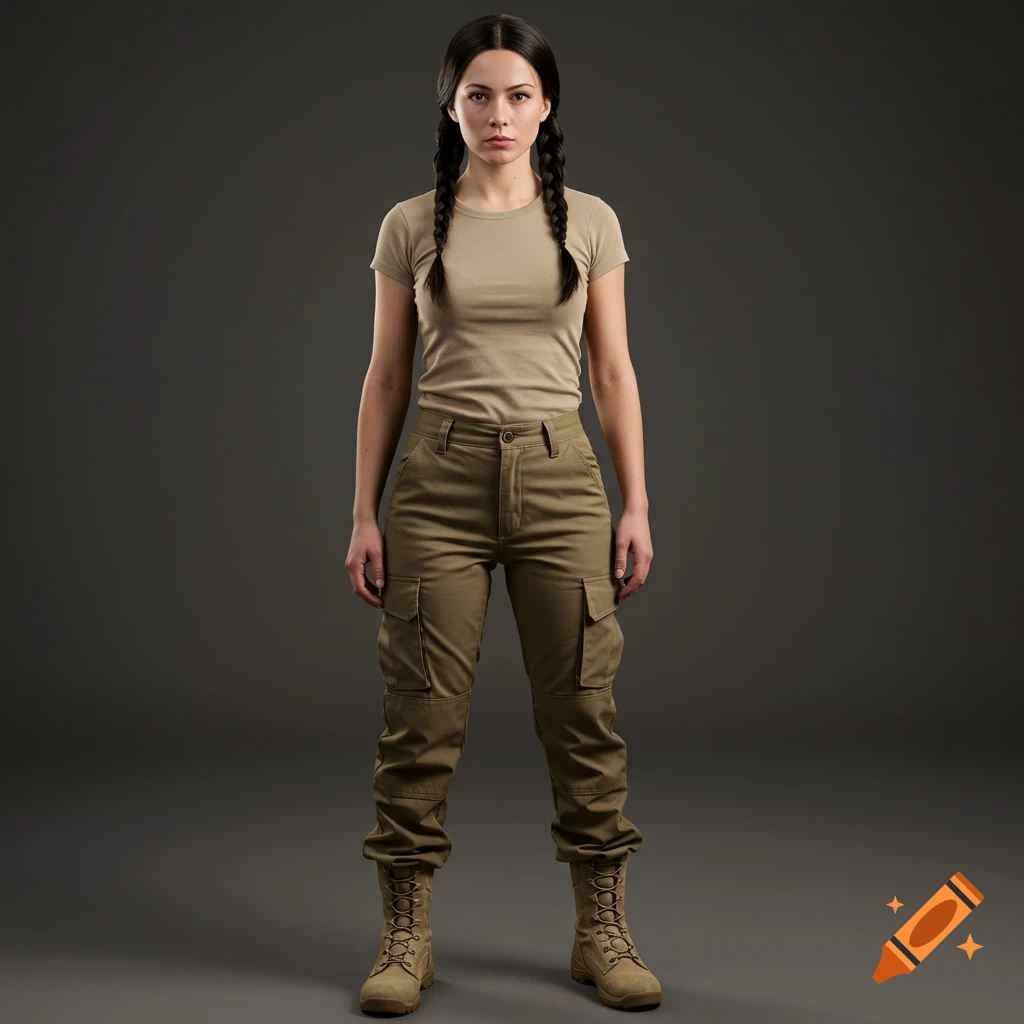 A photorealistic image of a woman in tactical gear standing against a grey background.