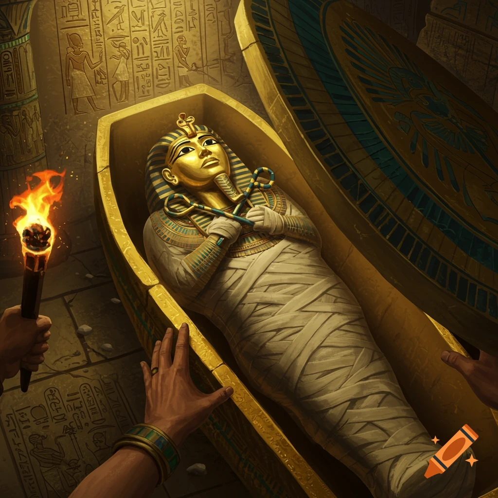 Archaeologists opening a golden sarcophagus to reveal a mummy inside a torchlit ancient Egyptian tomb.