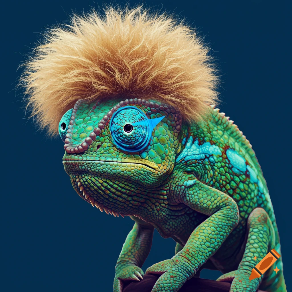 A chameleon with frizzy blonde hair and blue eyeliner