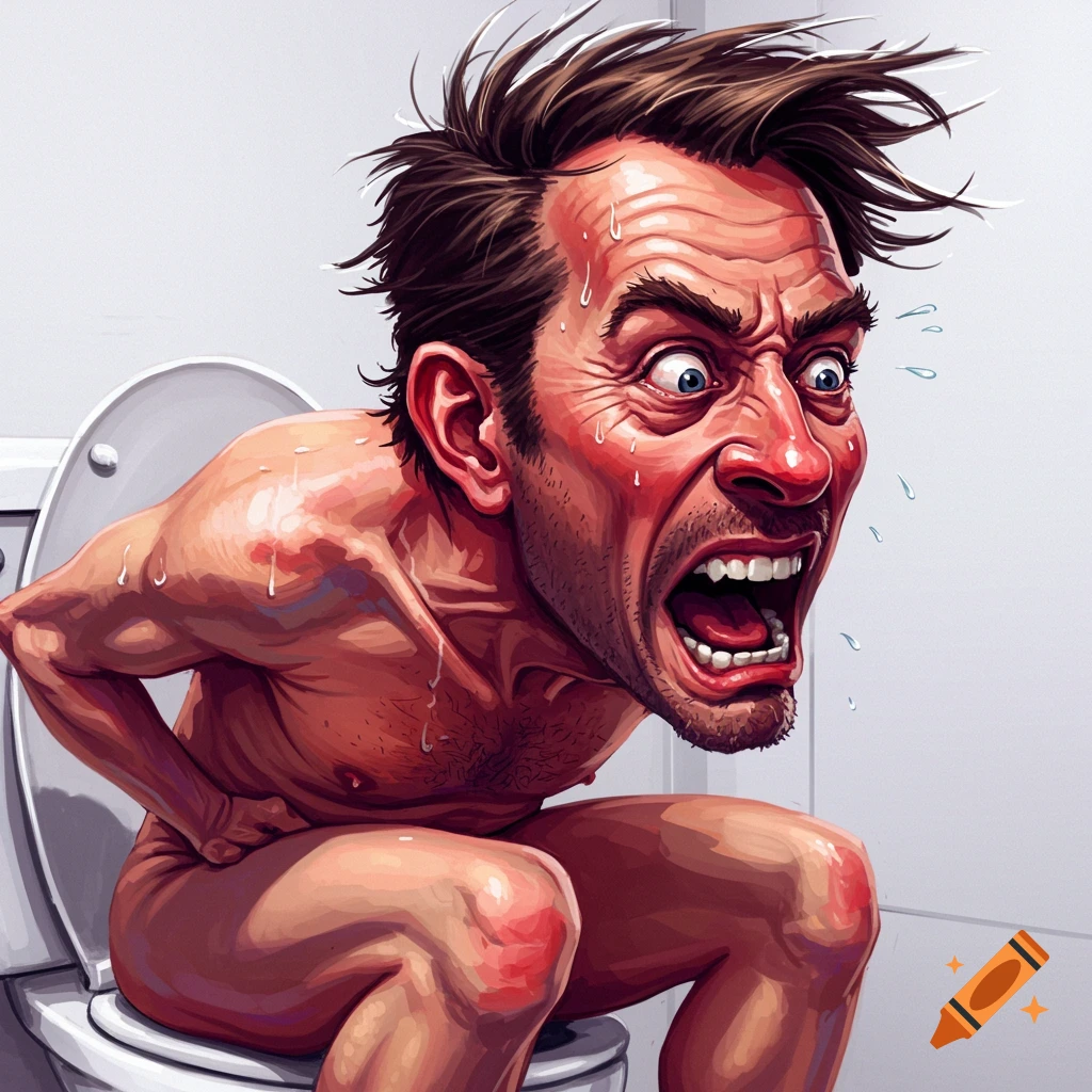 Illustration of a man in agony on a toilet screaming