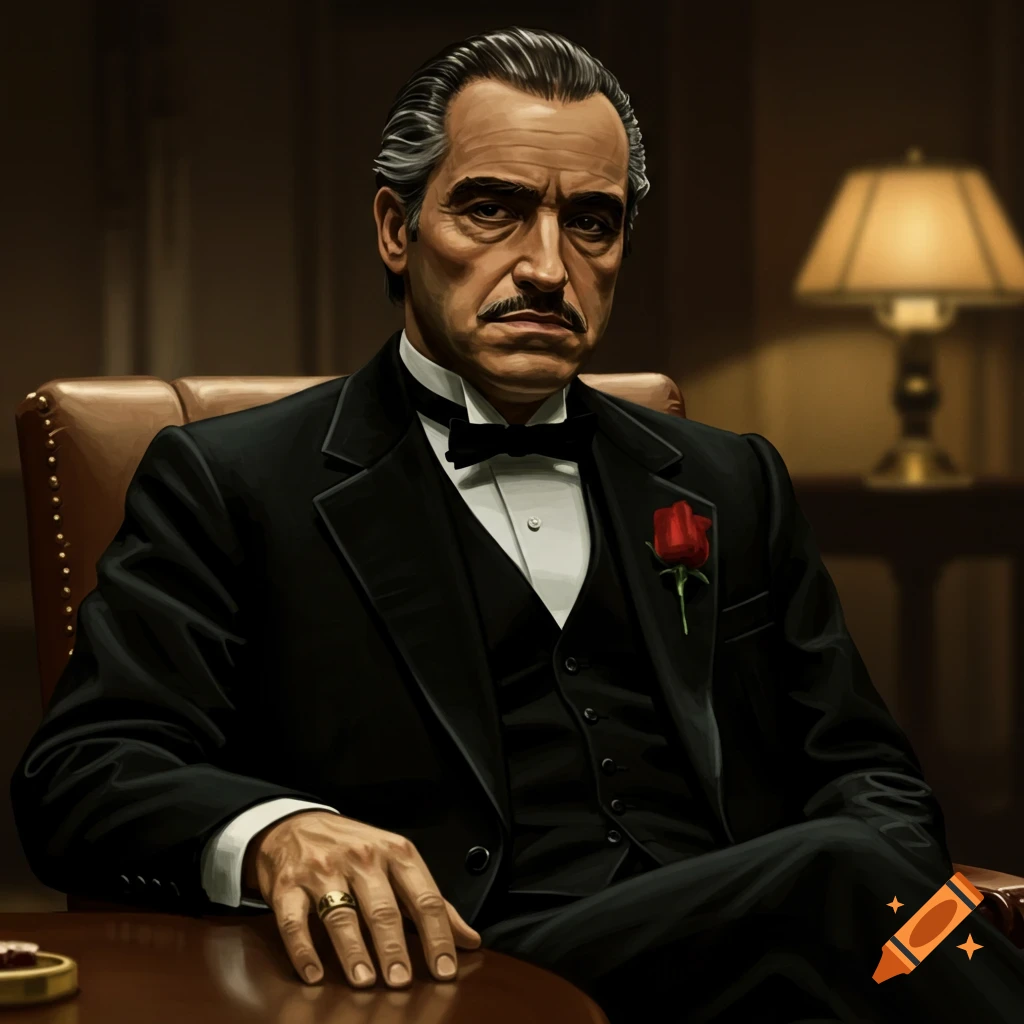 Image of a man resembling Don Corleone, seated, in a suit with a rose.