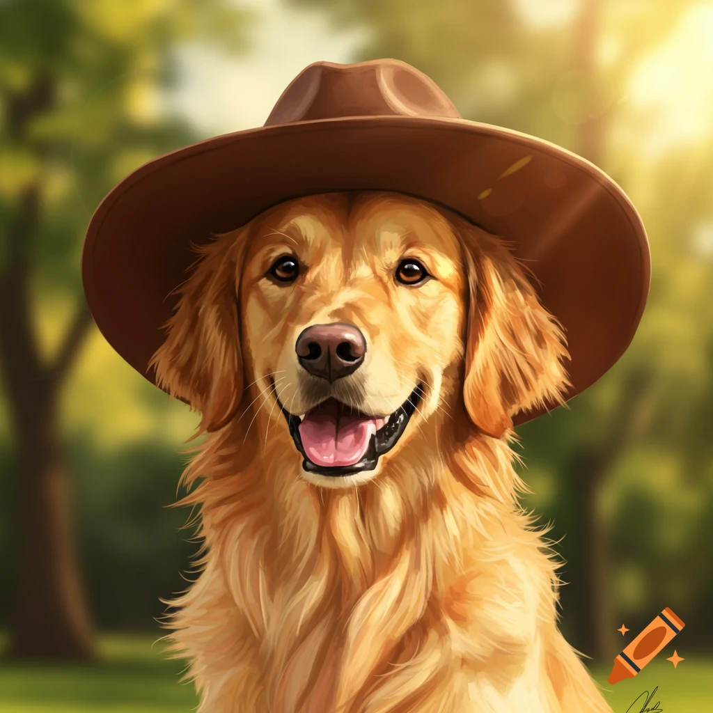 A golden retriever dog wears a brown hat outdoors