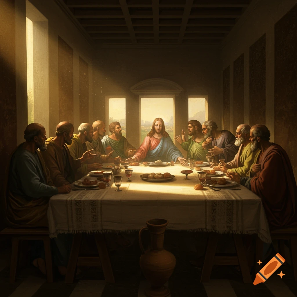 Painting of Jesus and disciples gathered at a table for the Last Supper.